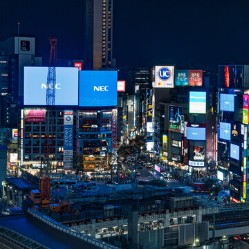 Shibuya, Tokyo, Japan - September 27 2025: Shibuya Scramble Crossing with many video and static advertising signs