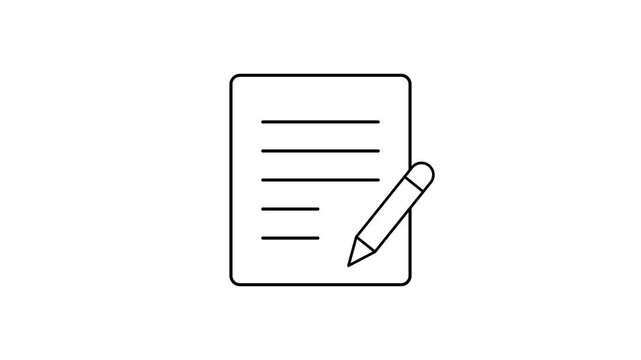 Black Linear education homework icon animation with notebook and pencil concept, 4K stock video for e-learning