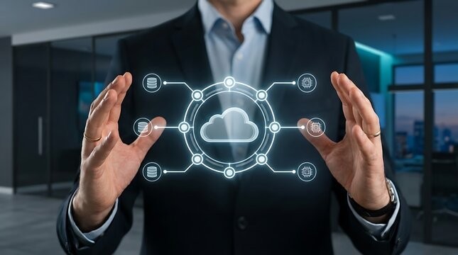 Business person holding a glowing digital cloud computing interface with network connections in a modern office environment