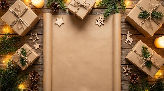 Blank scroll of brown paper surrounded by christmas gift boxes