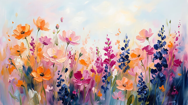 Abstract floral background with colorful wildflowers painted in soft impressionist style