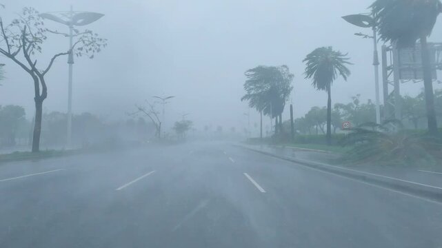 Powerful Hurricane Winds And Torrential Rain Batter Urban Highway