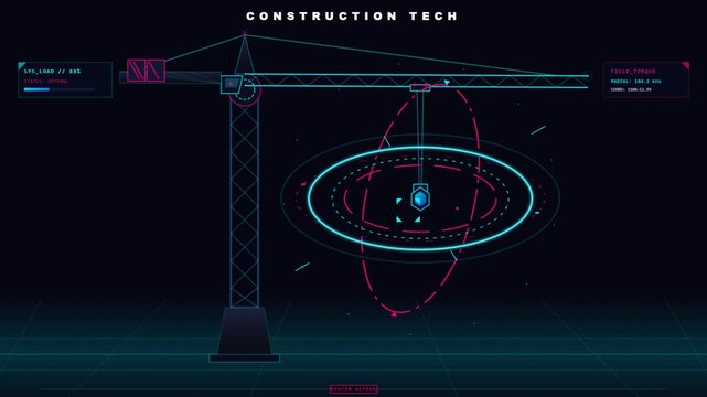 Futuristic digital construction crane animation with holographic data interface