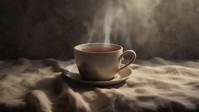 Steaming hot cup of tea on a saucer with soft dramatic morning light and rustic fabric background.