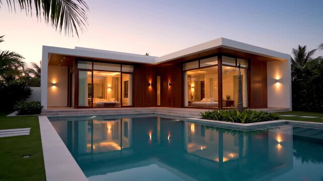 Modern villa pool view, modern pool villa exterior night view