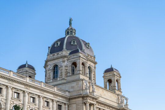 Ornate Architectural Dome and Upper Facade of Kunsthistorisches Museum in Vienna Austria against Sky.