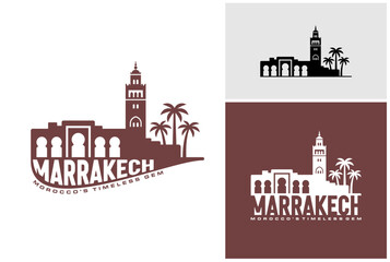 Marrakech city skyline silhouette logo with koutoubia mosque and palm trees for moroccan travel themes. © nahwul