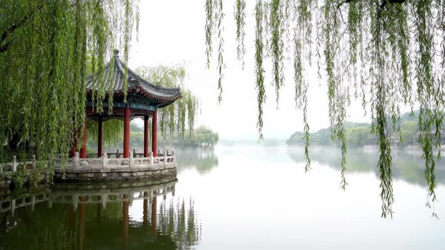 Chinese-style pavilion and weeping willow landscape by the lake, ancient pavilion by the lake with spring willows
