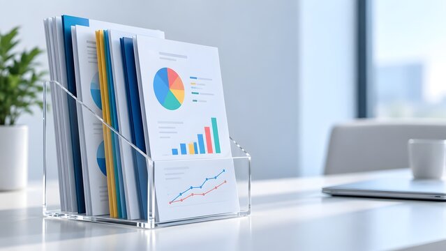 Clear acrylic desk organizer holding financial reports and chart data representing transparent business analytics
