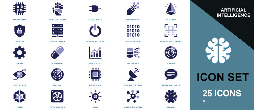 Twenty five artificial intelligence in blue and dark grey showing technology and data concepts digital