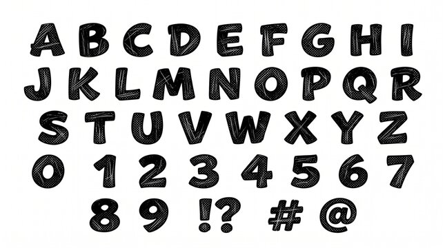 Full Set of Shiny Black 3D Alphabet Letters, Numbers, and Punctuation Symbols Isolated
