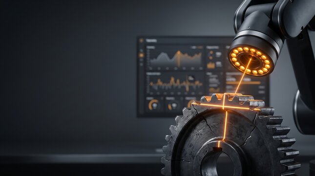 Robot arm uses laser scanner to analyze gear teeth for quality control in manufacturing with data chart.