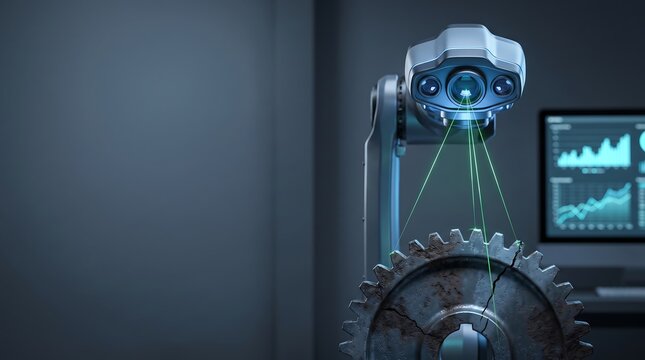 Advanced robot arm with optical sensors scans damaged gear projecting green laser lines for analysis.