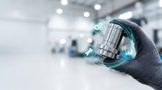 Industrial engineer hand holding precision metal part with futuristic predictive maintenance icons.