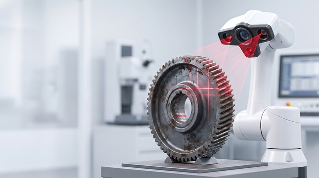 Industrial robotic 3d scanner inspects weathered metal gear in modern clean testing laboratory.