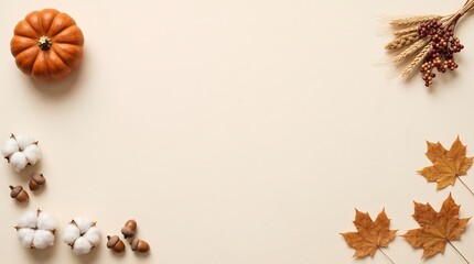 Fototapeta premium Festive autumn background for thanksgiving day occasion celebrating seasonal harvest culture with pumpkins and fallen maple leaves