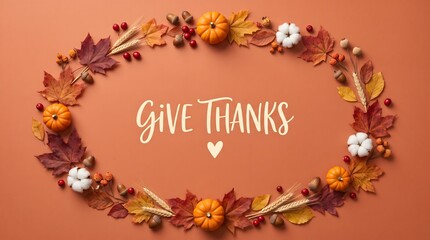 Fototapeta premium Give thanks text surrounded by autumn leaves and pumpkins for a festive thanksgiving day occasion and american culture celebration