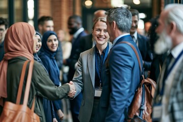 Obraz premium Professional woman in a grey blazer shaking hands with a colleague at a busy business conference