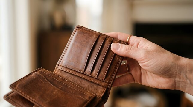 Hand holding an empty vintage brown leather wallet with personal accessory financial transaction billfold grasping material monetary commerce spending purchase