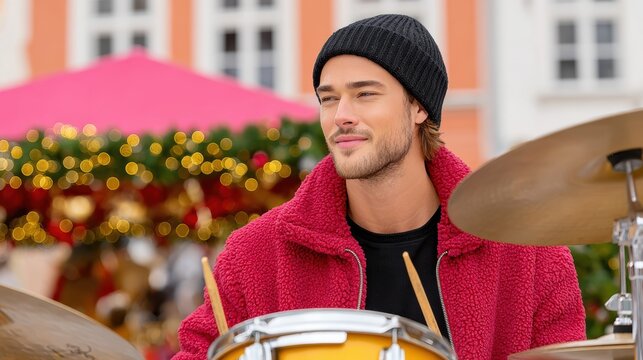 Young drummer in red jacket playing drum kit at holiday market for seasonal advertising and event promotion with festive lights and crowded street setting