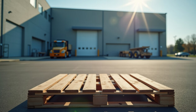 Single wooden pallet on asphalt in front of a warehouse for industrial background and logistics banner design