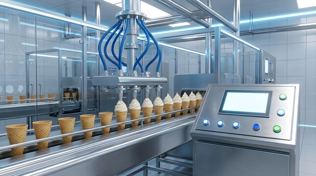 Automated industrial soft serve ice cream manufacturing machine and conveyor belt production line