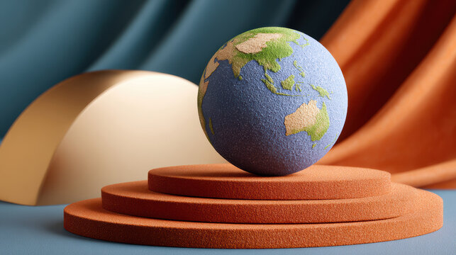 Textured globe on layered terracotta pedestal with draped fabric backdrop for earth day brand display and environmental campaign visuals and studio staging