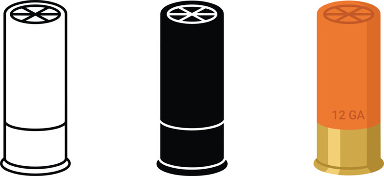 Shotgun shell cartridge vector icon set featuring line art silhouette and realistic twelve gauge orange ammunition illustration