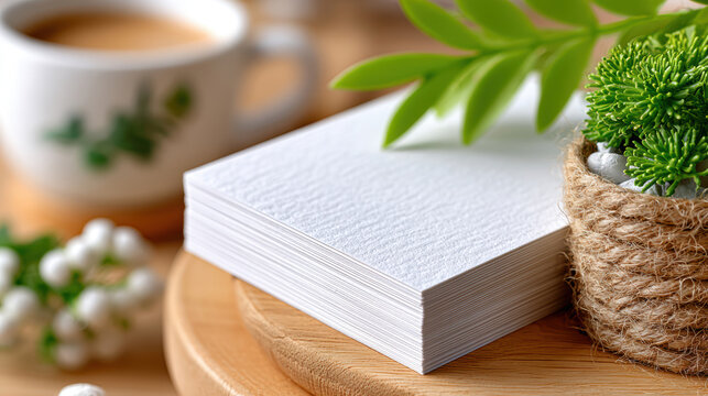Vertical business card mockup stack with textured paper and green plant for brand identity presentation, boutique stationery, eco packaging and sustainable business showcase