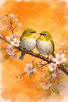 a pair japanese white-eyes on a plum blossom branch