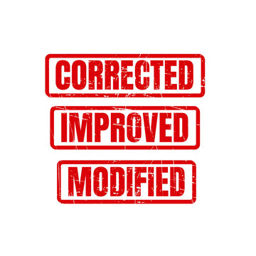 Distressed Red Rubber Stamp Set with Corrected Improved and Modified Labels