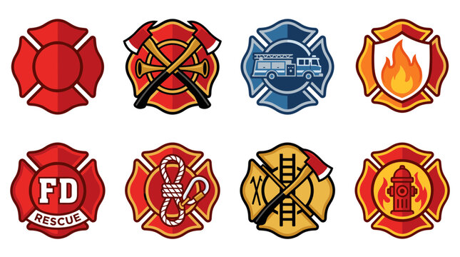 Firefighter maltese cross emblems, set of 8 fire department vector icons with axes and hydrants, red and gold firefighting rescue badges, professional emergency service department logos isolated