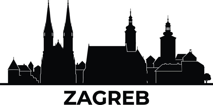 Zagreb capital city skyline silhouette panorama featuring famous historic cathedral spires and old town gothic architecture