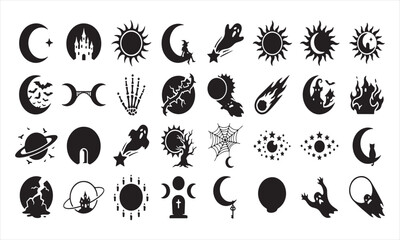 Obraz premium Celestial Halloween Icons Set with Hand Drawn Moons, Stars, Planets and Mystical Cosmic Elements