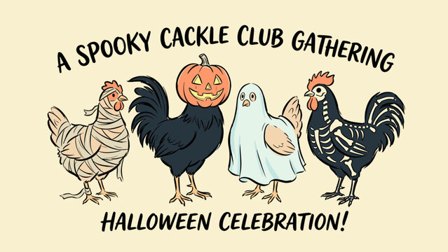 Spooky Cackle Club Gathering Halloween Celebration featuring four chickens dressed in costumes like a mummy, jack-o-lantern head, ghost sheet, and skeleton paint on a cream background.