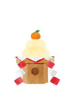 日本のお正月　鏡餅の水彩イラスト