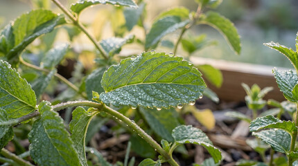 Fototapeta premium Fresh green leaves with morning dew drops in the garden