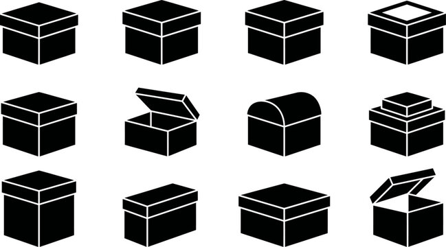 A collection of twelve black isometric box icons showing various styles and states including closed open empty and decorative gift packaging designs