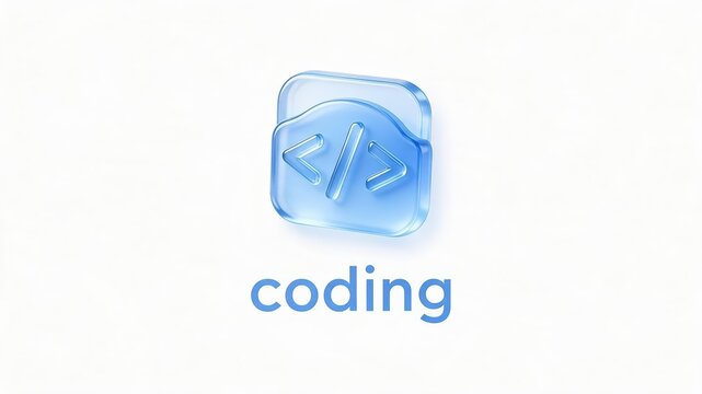Translucent Blue 3D Coding Icon Isolated on White Background