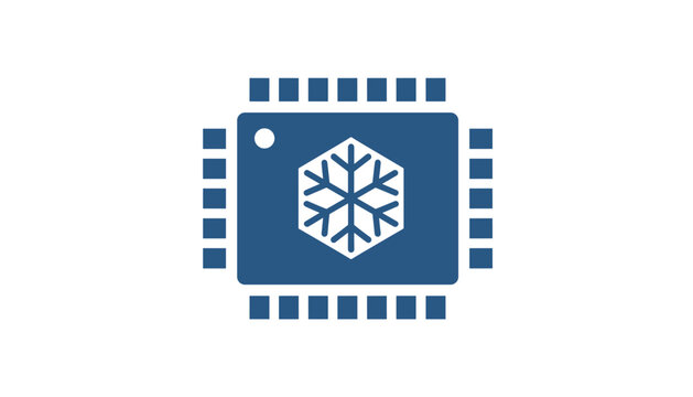 Blue microchip processor icon with a white snowflake inside representing advanced cooling technology and chip refrigeration.