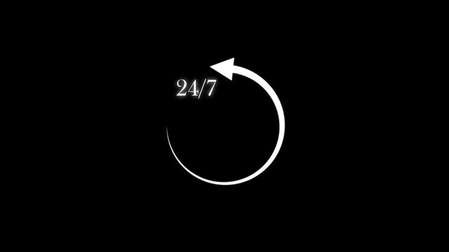 White 24/7 customer service icon animation on black background