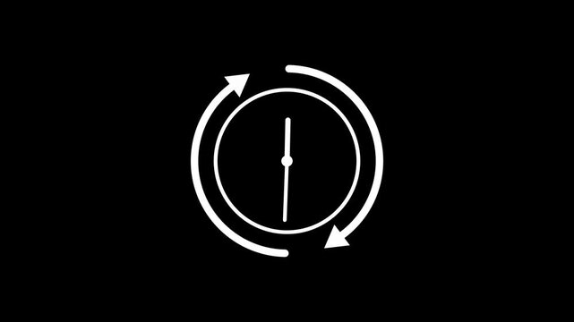 White clock icon with rotating arrows animation on black background