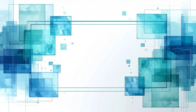 Modern technology background with translucent blue and mint squares connected by thin lines and watercolor texture
