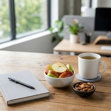 sliced apples tea mug and almonds on wooden office desk with notebook