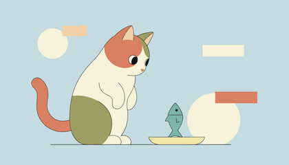Fototapeta premium Cute calico cat standing on its hind legs looking curiously at a small fish in a dish on a pastel blue background.