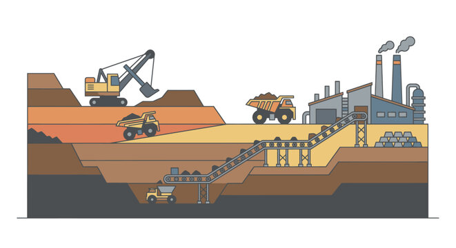 Corporate of Industrial Mining Operation with Heavy Machinery and Processing Plant with high quality professional line art symbols for modern creative design and digital branding projects