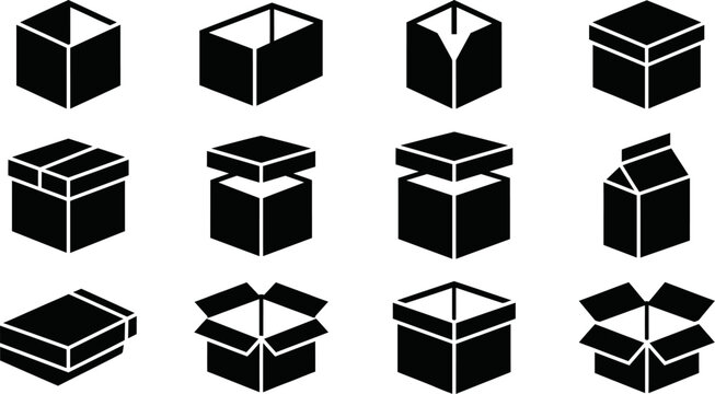 A collection of twelve black and white isometric box icons representing various shipping packaging and storage container styles for logistics and delivery concepts