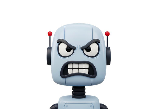 Angry robot face with bared teeth and red antennae, isolated 3D character