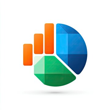 Abstract pie chart graphic with three segments.  Colorful, geometric design with orange, teal, and blue