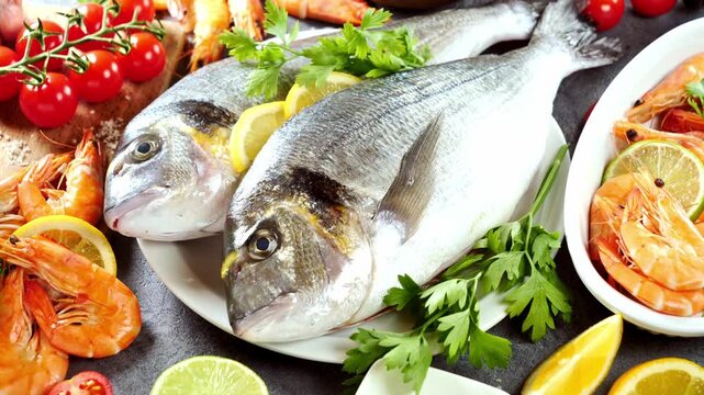 Fresh Raw Seabream Fish and Prawns Assortment with Lemon, Tomato, and Herbs on Slate Background